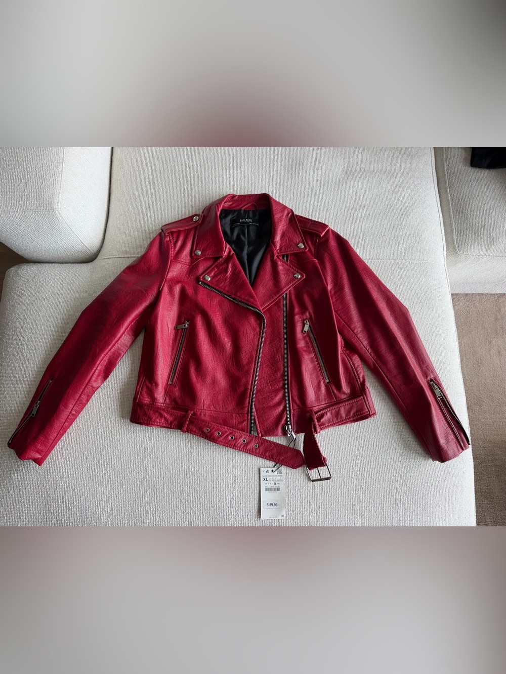 Zara Deep Red Faux Leather Biker Jacket with Belt